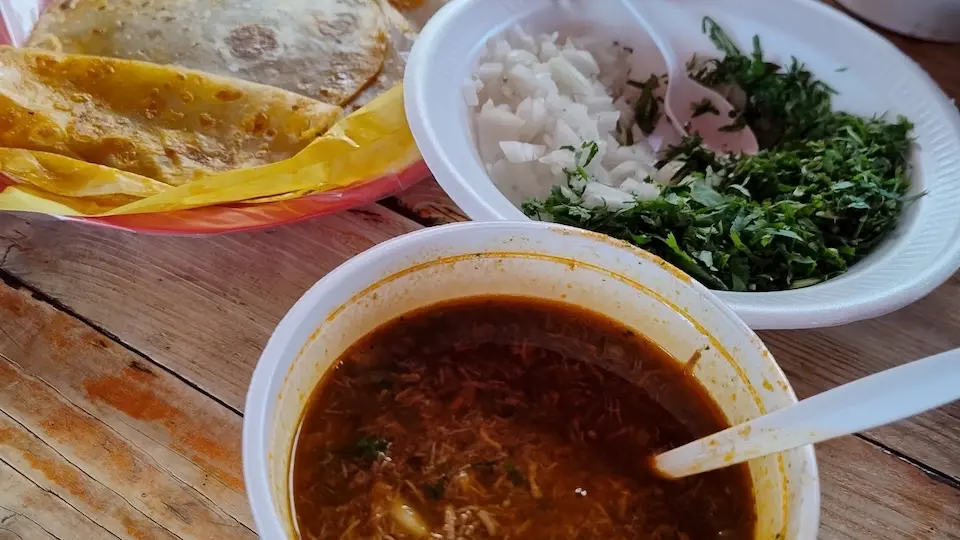 Birria with beef, a few tortillas and a bunch of onion and coriander.
